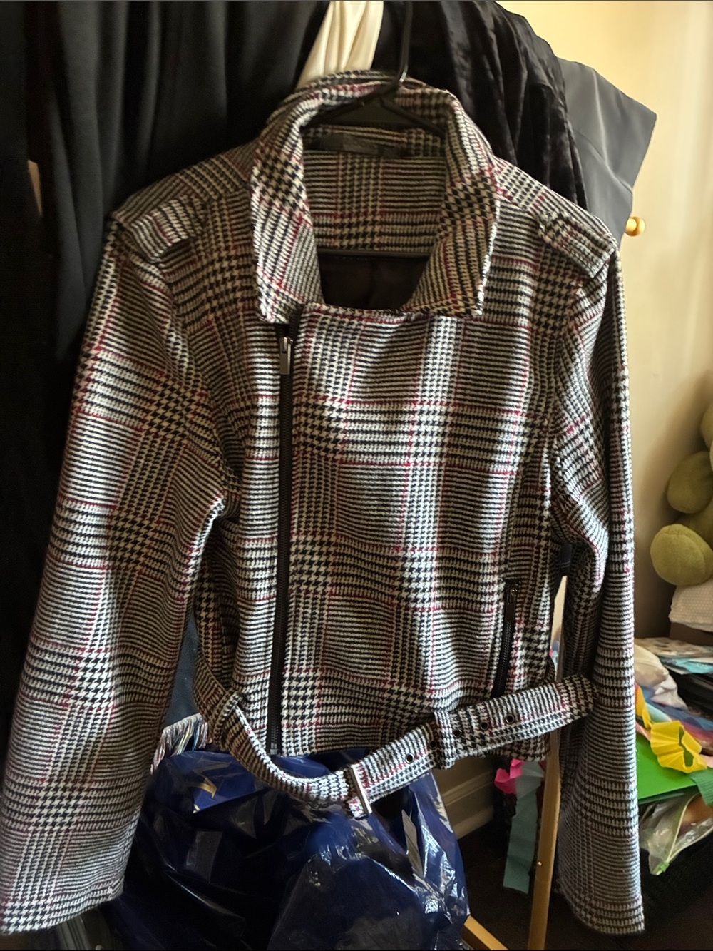 Stoosh Glen Plaid Belted Blazer Jacket with Red Accent Lines